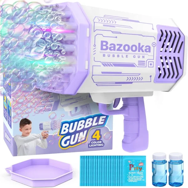 Bubble Machine Blaster - Purple Bubble Gun for Kids, Аdults, Automatic Bubble Machine Gun with 69 Holes, LED Lights, 5000 Bubbles per Minute, Funny Bubble Blaster Gun for Outdoor Activity